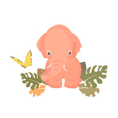 Cute cartoon baby elephant with leaves and butterfly, flat vector illustration.