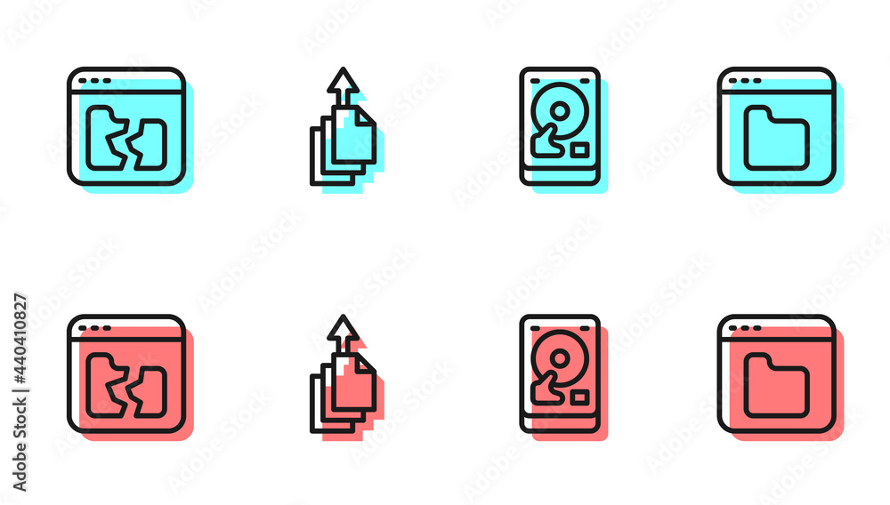 Poster set line hard disk drive hdd, broken file, data export and browser files icon. vector