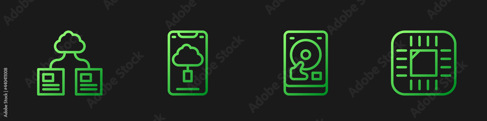 Aufkleber set line hard disk drive hdd, cloud technology data transfer, and processor with cpu. gradient color