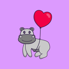 Cute hippopotamus flying with love shaped balloons. Animal cartoon concept isolated. Can used for t-shirt, greeting card, invitation card or mascot. Flat Cartoon Style