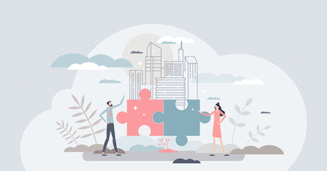 Joint venture collaboration strategy as business partnership for task tiny person concept. Putting together finances and resources for common goal as connected jigsaw puzzle pieces vector illustration