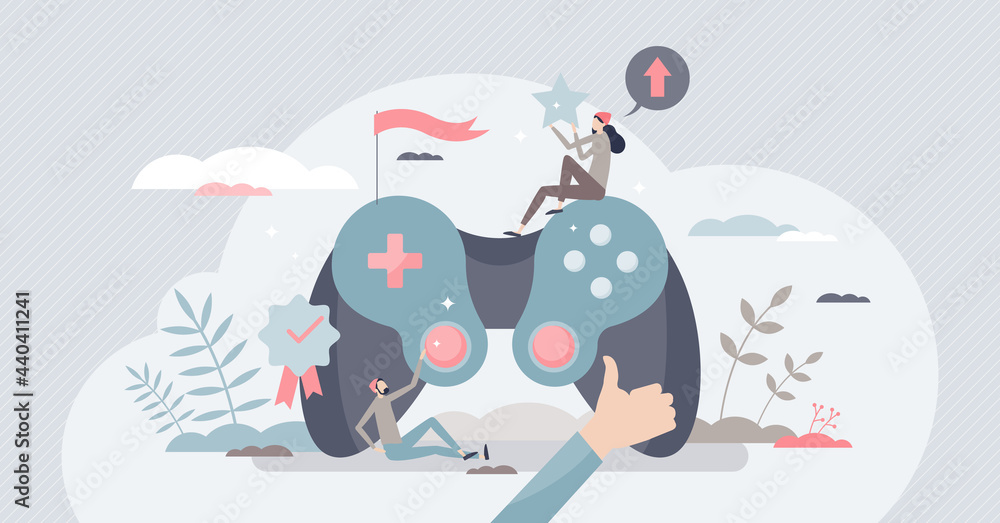 Poster gamefication as business website strategy for engagement tiny person concept. game elements integrat