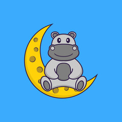 Cute hippopotamus is sitting on the moon. Animal cartoon concept isolated. Can used for t-shirt, greeting card, invitation card or mascot. Flat Cartoon Style