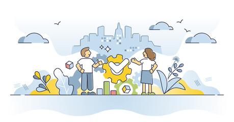 Joint venture collaboration strategy as business partnership for one task outline concept. Putting together finances and resources for common goal vector illustration. Scene with merge assets project.