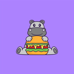 Cute hippopotamus eating burger. Animal cartoon concept isolated. Can used for t-shirt, greeting card, invitation card or mascot. Flat Cartoon Style