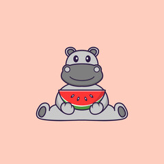 Cute hippopotamus eating watermelon. Animal cartoon concept isolated. Can used for t-shirt, greeting card, invitation card or mascot. Flat Cartoon Style