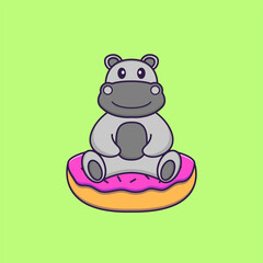 Cute hippopotamus is sitting on donuts. Animal cartoon concept isolated. Can used for t-shirt, greeting card, invitation card or mascot. Flat Cartoon Style