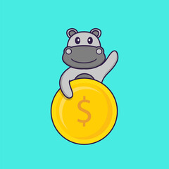 Cute hippopotamus holding coin. Animal cartoon concept isolated. Can used for t-shirt, greeting card, invitation card or mascot. Flat Cartoon Style