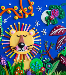 Plasticine African king lion illustration handmade of clay. Wildlife character clip art with insects, bugs during night moonlight.