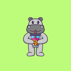Cute hippopotamus Drinking Boba milk tea. Animal cartoon concept isolated. Can used for t-shirt, greeting card, invitation card or mascot. Flat Cartoon Style