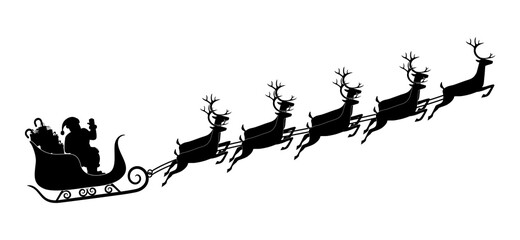 Santa Claus riding a sleigh, full of gifts, pulled by nine reindeer, silhouette, vector illustration