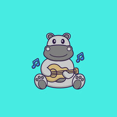 Cute hippopotamus playing guitar. Animal cartoon concept isolated. Can used for t-shirt, greeting card, invitation card or mascot. Flat Cartoon Style