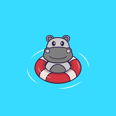 Cute hippopotamus is Swimming with a buoy. Animal cartoon concept isolated. Can used for t-shirt, greeting card, invitation card or mascot. Flat Cartoon Style