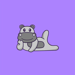 Cute hippopotamus lying down. Animal cartoon concept isolated. Can used for t-shirt, greeting card, invitation card or mascot. Flat Cartoon Style