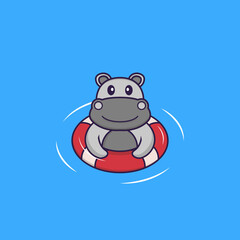 Cute hippopotamus is Swimming with a buoy. Animal cartoon concept isolated. Can used for t-shirt, greeting card, invitation card or mascot. Flat Cartoon Style