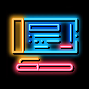 to fill out check with pen neon light sign vector. Glowing bright icon to fill out check with pen sign. transparent symbol illustration