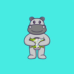 Cute hippopotamus holding a map. Animal cartoon concept isolated. Can used for t-shirt, greeting card, invitation card or mascot. Flat Cartoon Style