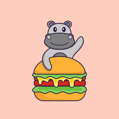 Cute hippopotamus eating burger. Animal cartoon concept isolated. Can used for t-shirt, greeting card, invitation card or mascot. Flat Cartoon Style
