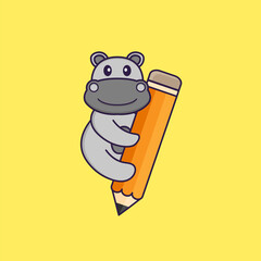 Cute hippopotamus holding a pencil. Animal cartoon concept isolated. Can used for t-shirt, greeting card, invitation card or mascot. Flat Cartoon Style