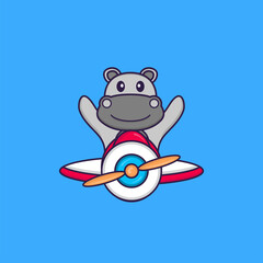 Cute hippopotamus flying on a plane. Animal cartoon concept isolated. Can used for t-shirt, greeting card, invitation card or mascot. Flat Cartoon Style