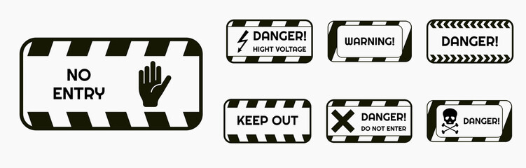 Obraz premium Signs warning of the danger - fire, high voltage, toxic, temperature. Caution Warning Sign Sticker. Editable vector stroke. Set of warning signs for attention and caution. Danger notice vector