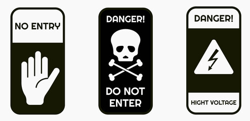 Signs warning of the danger - fire, high voltage, toxic, temperature. Caution Warning Sign Sticker. Editable vector stroke. Set of warning signs for attention and caution. Danger notice vector