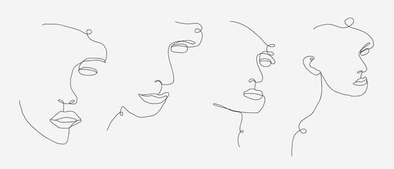 Beautyfull girl face. Attractive young woman portrait female beauty concept. Continuous one line drawing. Black and white vector illustration