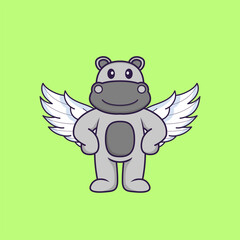Cute hippopotamus using wings. Animal cartoon concept isolated. Can used for t-shirt, greeting card, invitation card or mascot. Flat Cartoon Style