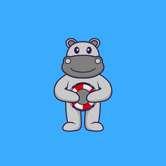 Cute hippopotamus holding a buoy. Animal cartoon concept isolated. Can used for t-shirt, greeting card, invitation card or mascot. Flat Cartoon Style