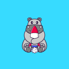 Cute hippopotamus holding a rocket. Animal cartoon concept isolated. Can used for t-shirt, greeting card, invitation card or mascot. Flat Cartoon Style