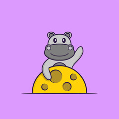 Cute hippopotamus is on the moon. Animal cartoon concept isolated. Can used for t-shirt, greeting card, invitation card or mascot. Flat Cartoon Style