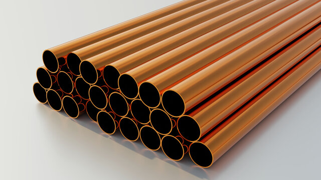 Brass or copper pipes. 3D rendering illustration. Isolated.