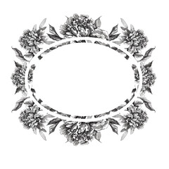 Isolated oval frame made of peonies. Graphic ink drawing. The template is suitable for wedding invitations, business cards, banners, scrapbooking, notebooks.