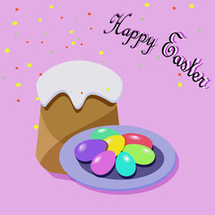 painted eggs on a plate and a cake