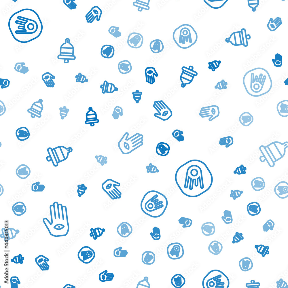 Poster set line hamsa hand, comet falling down fast and ringing alarm bell on seamless pattern. vector