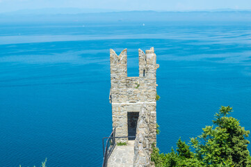 Fototapeta premium Tower of the city walls in Piran at the Adriatic Sea in Slovenia.