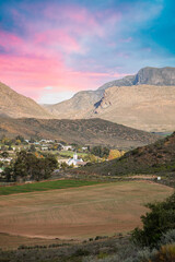 Portrait shot of Barrydale village with colourful sky on route 62 in Western Cape South Africa