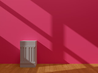 3D render of the interior of a minimalist room with decorative elements on a pink background.