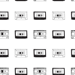 Seamless pattern. Vector illustration with cassettes. Doodle sketch.