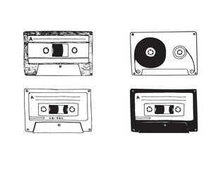 Vector illustration with cassettes. Doodle sketch.