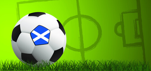 Obraz premium Football with the flag of Scotland on green soccer grass field. Vector background banner. Sport finale or school, sports game. Summer, spring time, Street ball games.