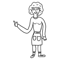 Cute cartoon abstract doodle woman pointing isolated on white background. Woman in glasses standing.