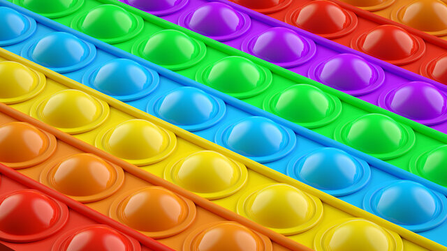 Pop it fidget. Colorful toy push pop it. Close up of kids antistress sensory fidget. 3d render