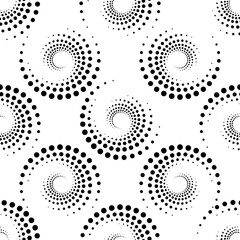 Screen printing seamless pattern. Radiant abstract vortex. Circular pattern. Pop art round halftone. Whirligig, eyeball. Dotted print.