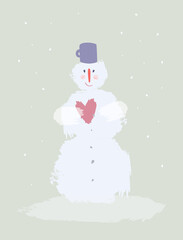 Snowman In Love. Cute flat style illustration. Quirky funny smiling snow man holding heart on a cold winter snowy gray day. Christmas, New Year's greeting card, postcard, season's greetings design.