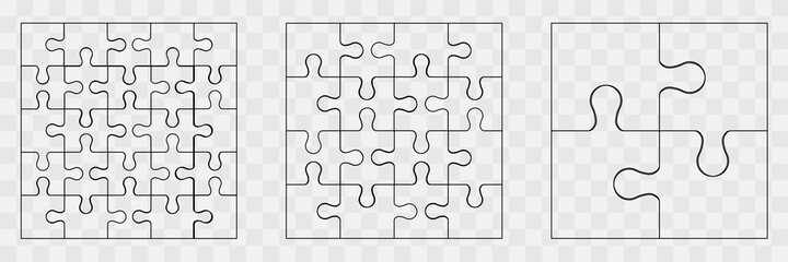 Various sizes puzzle set.Puzzle pieces assembled together in square patterns of different sizes.Set of white puzzle pieces on transparent background.Vector illustration - obrazy, fototapety, plakaty