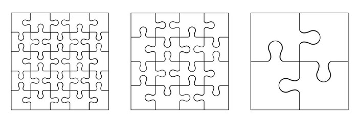 Various sizes puzzle set.Puzzle pieces assembled together in square patterns of different sizes.Set of white puzzle pieces on white background.Vector illustration