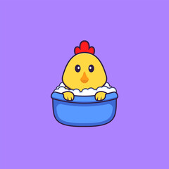 Cute chicken taking a bath in the bathtub. Animal cartoon concept isolated. Can used for t-shirt, greeting card, invitation card or mascot. Flat Cartoon Style