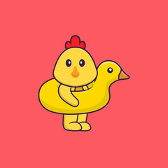 Cute chicken With Duck buoy. Animal cartoon concept isolated. Can used for t-shirt, greeting card, invitation card or mascot. Flat Cartoon Style