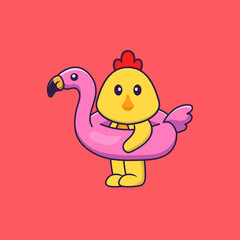 Cute chicken With flamingo buoy. Animal cartoon concept isolated. Can used for t-shirt, greeting card, invitation card or mascot. Flat Cartoon Style